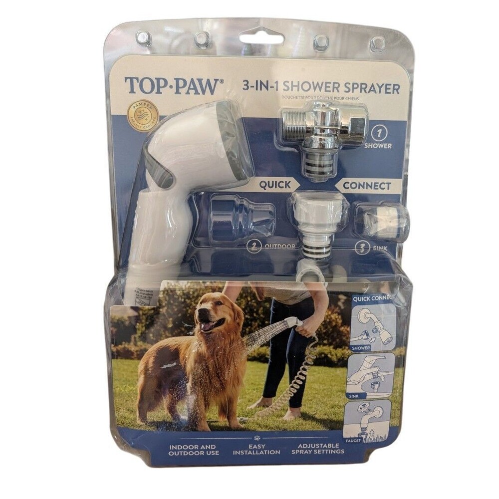 Top Paw 3-in-1 Shower Sprayer Pet Bathing Tool Quick Connect Indoor Outdoor NIP
